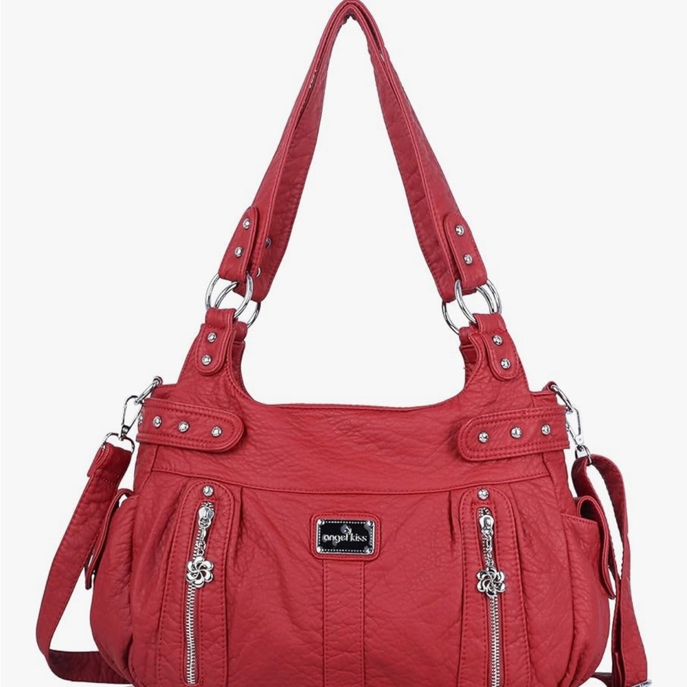 Angel Kiss Red Shoulder Bag with Silver Hardware and Versatile Design